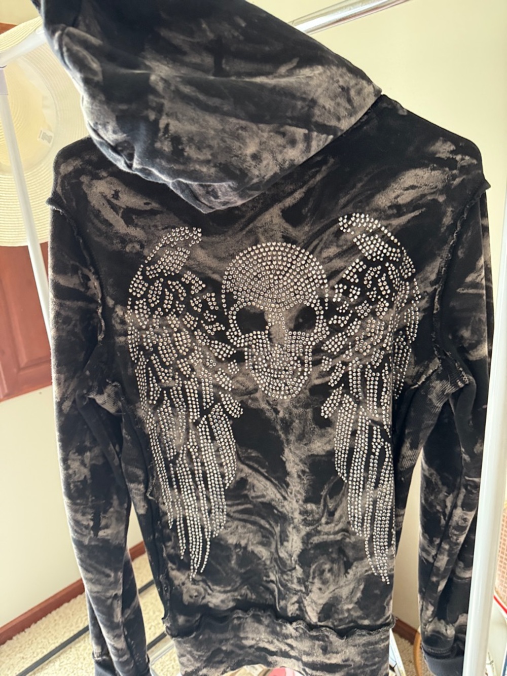 Sinful Black Tie-Dye Velour Zip Hoodie with Embellished Back